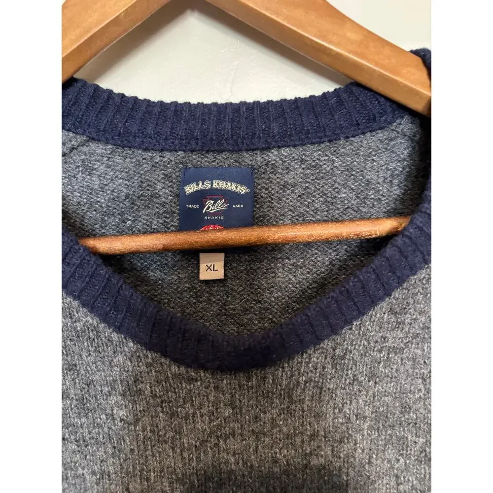 Bills Khakis Mens XL Wool Sweater Gray Blue Crewneck Made in USA Classic Preppy
